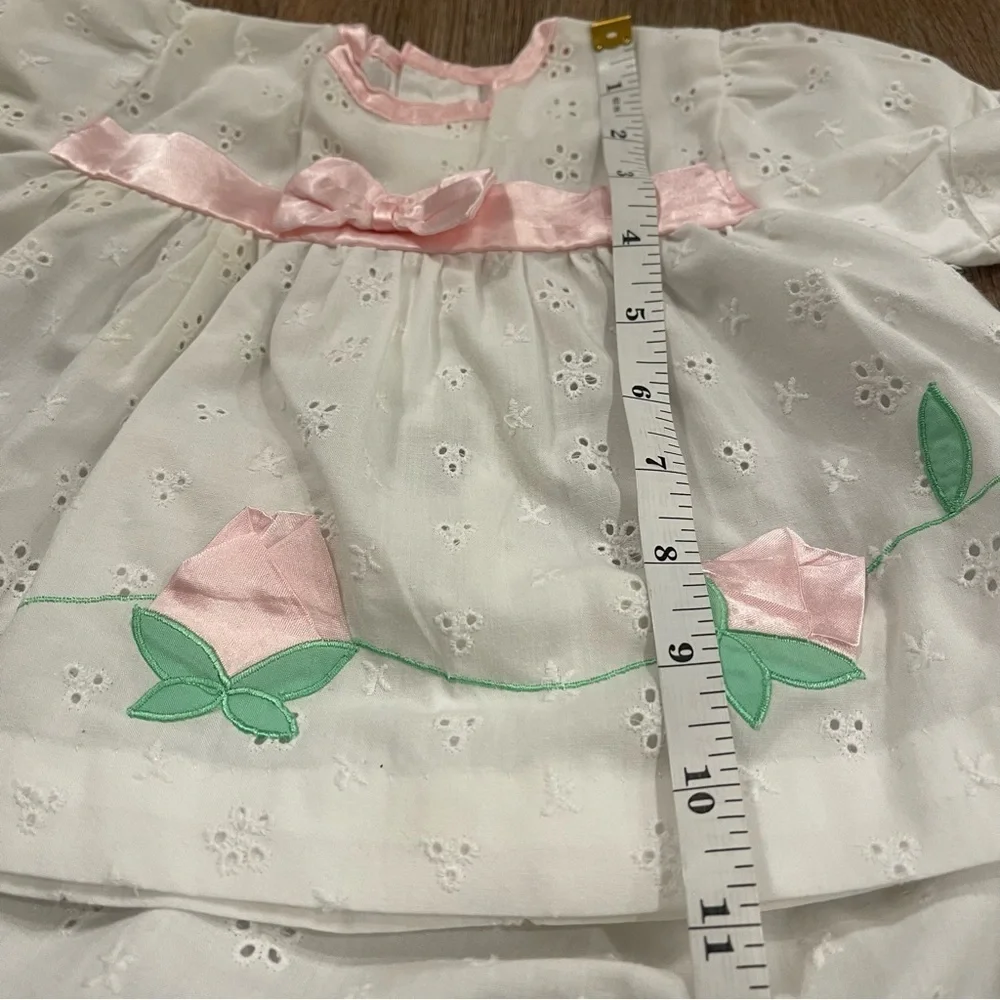 Vintage Baby Girl Set Dress Bloomed Sz 3-6 Mo White Eyelet Rose Buds Pink Bow
